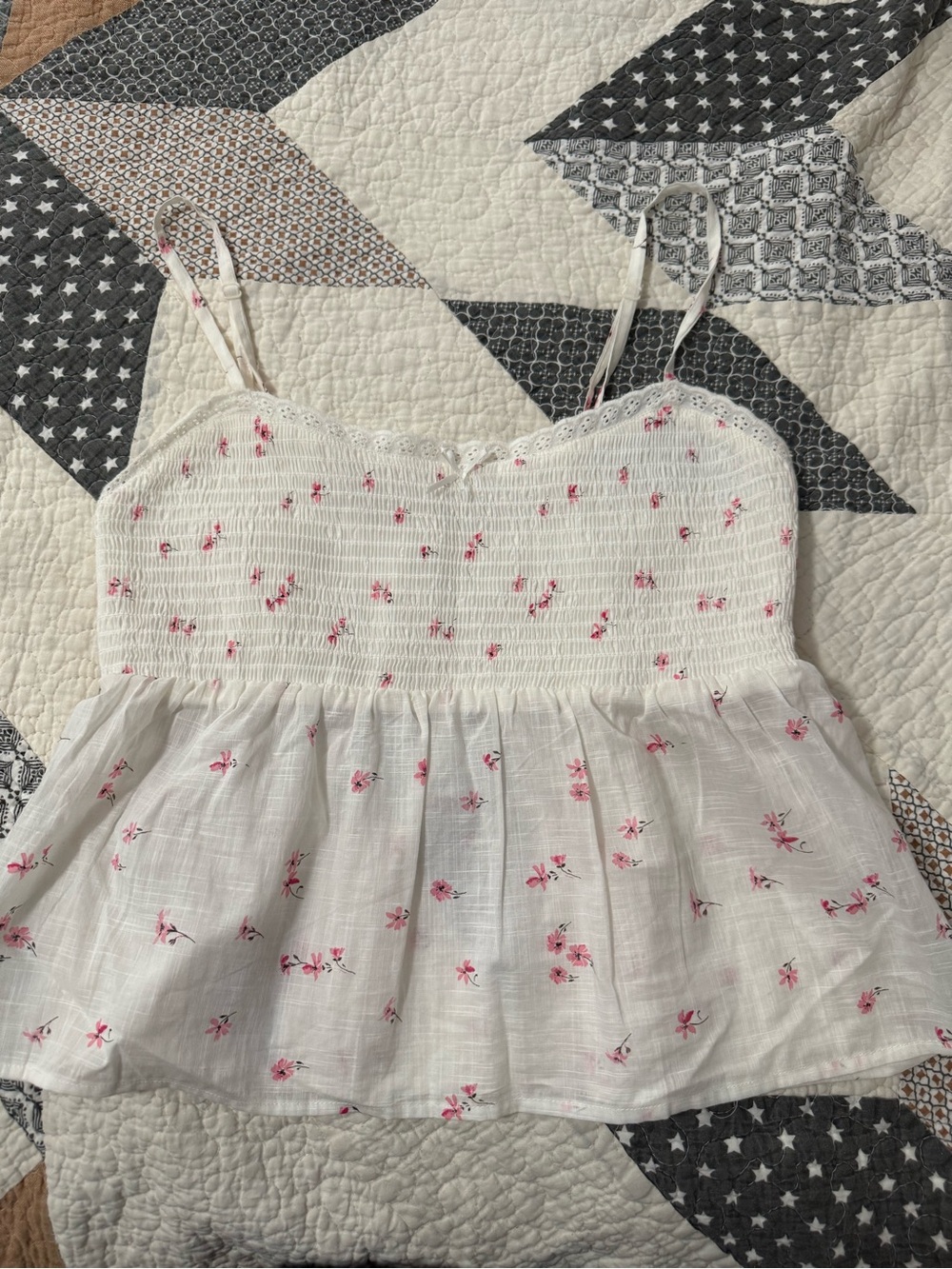 No Boundaries White Floral Smocked Cami with Pink Blossoms